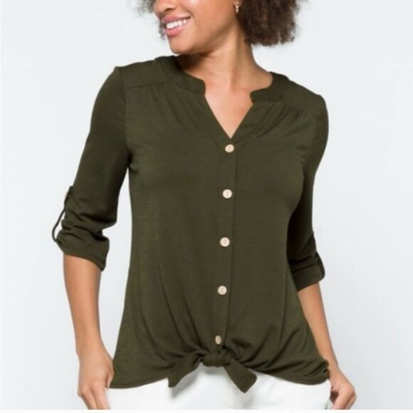 Fortune + Ivy Elaina‎ Tie Front Button Down Knit Top Olive XS STITCH FIX NWT - Picture 1 of 6